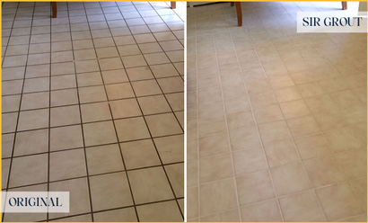 Before and After of a Dirty Kitchen Tile Floor Recolored and Sealed for Extra Protection