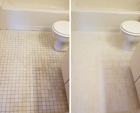 Bathroom Floor Before and After a Grout Recoloring in Ellendale