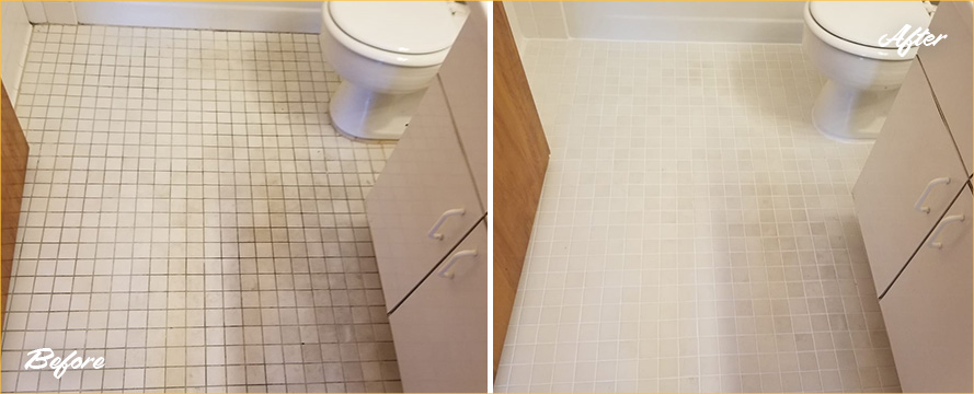 Bathroom Floor Before and After a Grout Recoloring in Ellendale