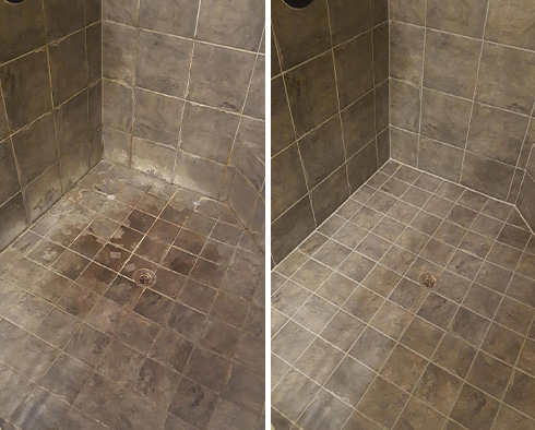 Shower Floor and Walls Before and After a Tile Cleaning in Selbyville