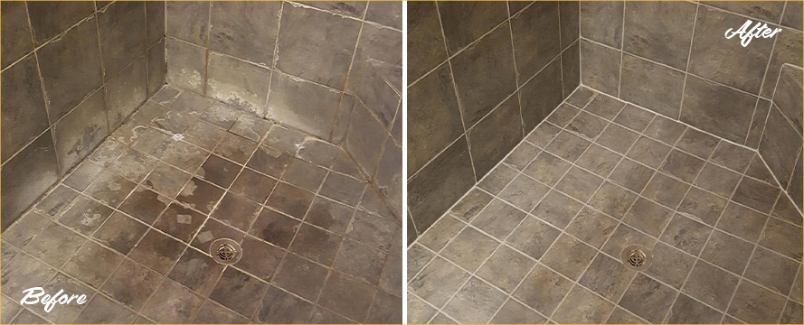 Shower Floor and Walls Before and After a Tile Cleaning in Selbyville
