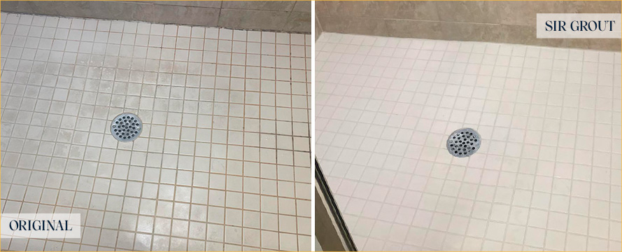 Shower Floor Before and After a Grout Cleaning in Millsboro