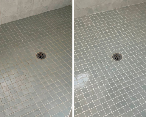 Shower Floor Before and After a Tile Cleaning in Millsboro